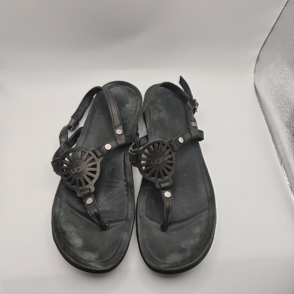 UGG Australia Black Leather T-Strap Thong Sandals Women's Size 8.5 Comfort...